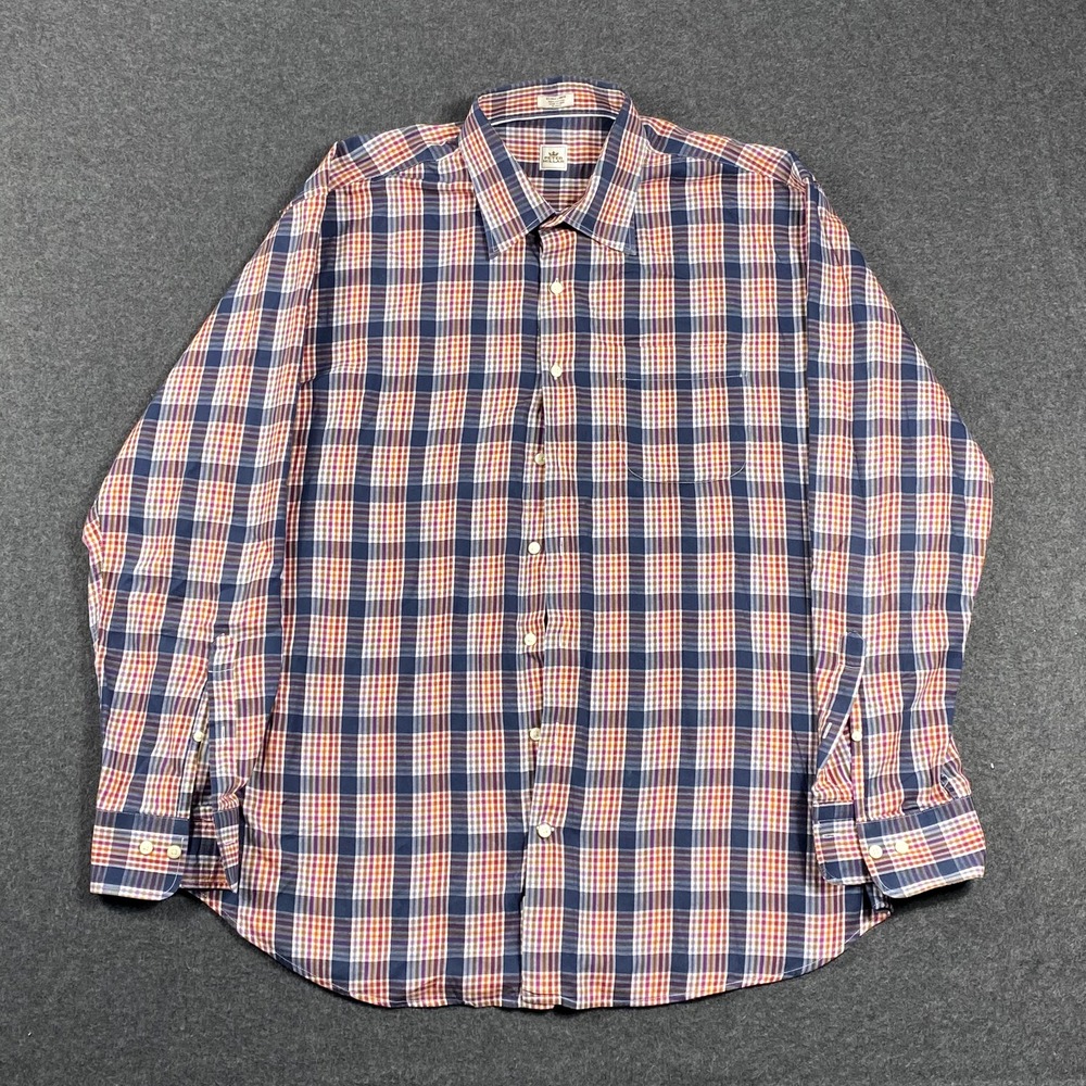 Peter Millar Mens XL Button Down Shirt Navy Blue Orange Plaid 100% Cotton
